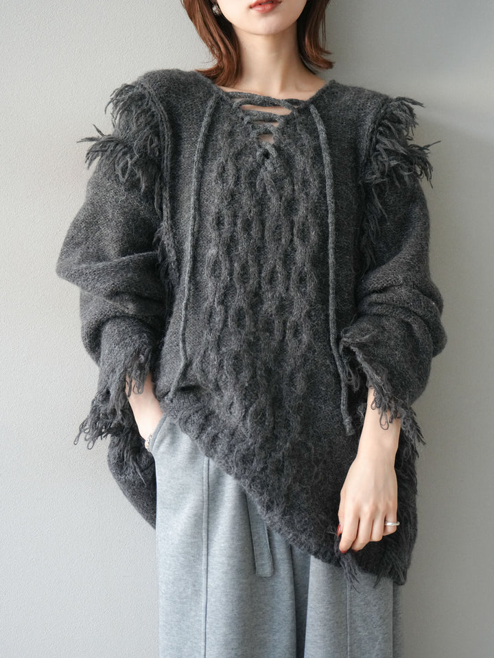 [予約]レースアップフリンジニットプルオーバー/gray