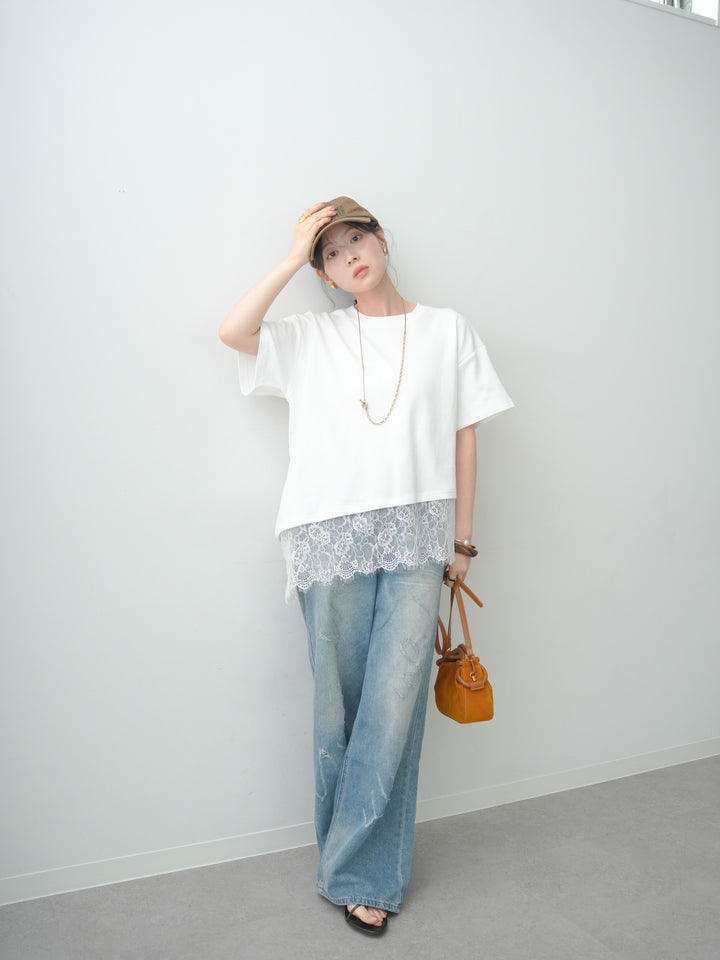 [SET]アシメレースヘムワイドTEE+グラフィックスクラッチワイドデニム(2set)