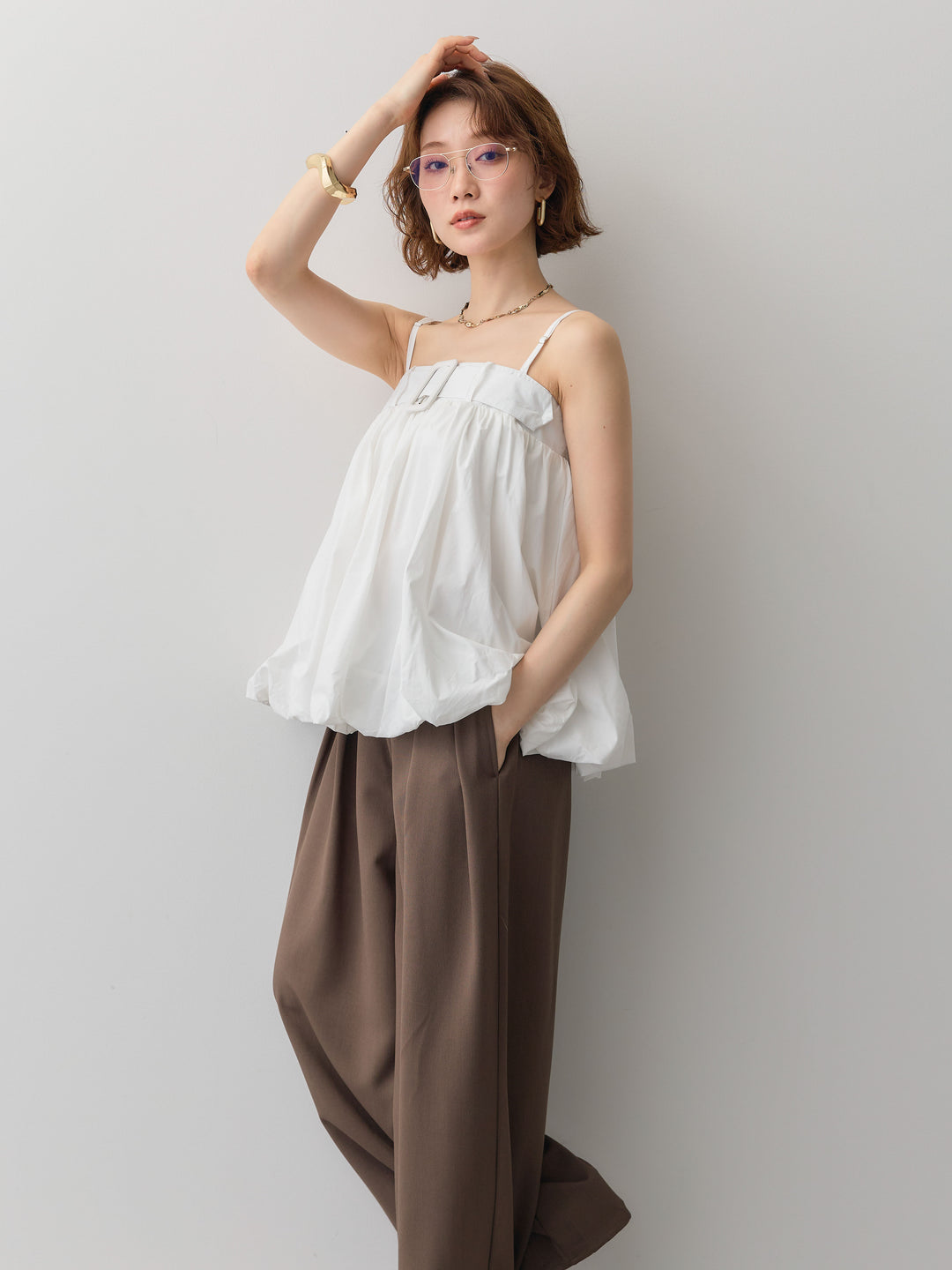 [予約]バックル付バルーンキャミトップス/white