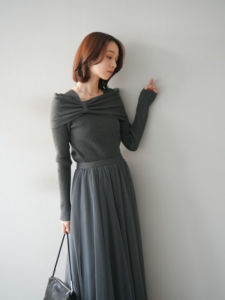 [予約]リボンモチーフオフショルリブニットトップス/gray