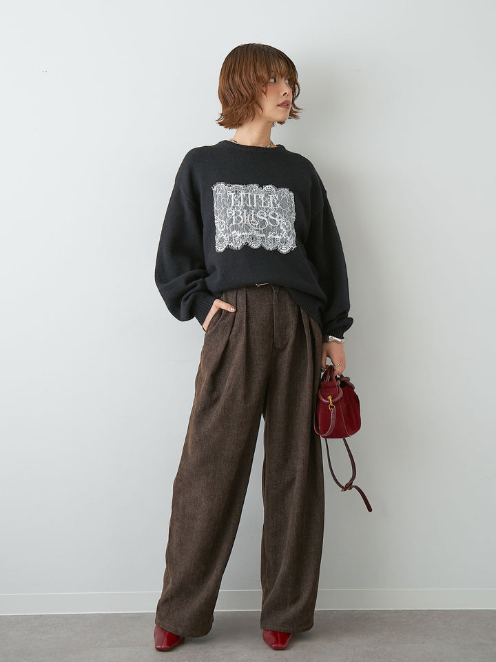 [SET]アルパカタッチ刺繍レースロゴニットプルオーバー+ベロアデニムタックワイドパンツ(2set)