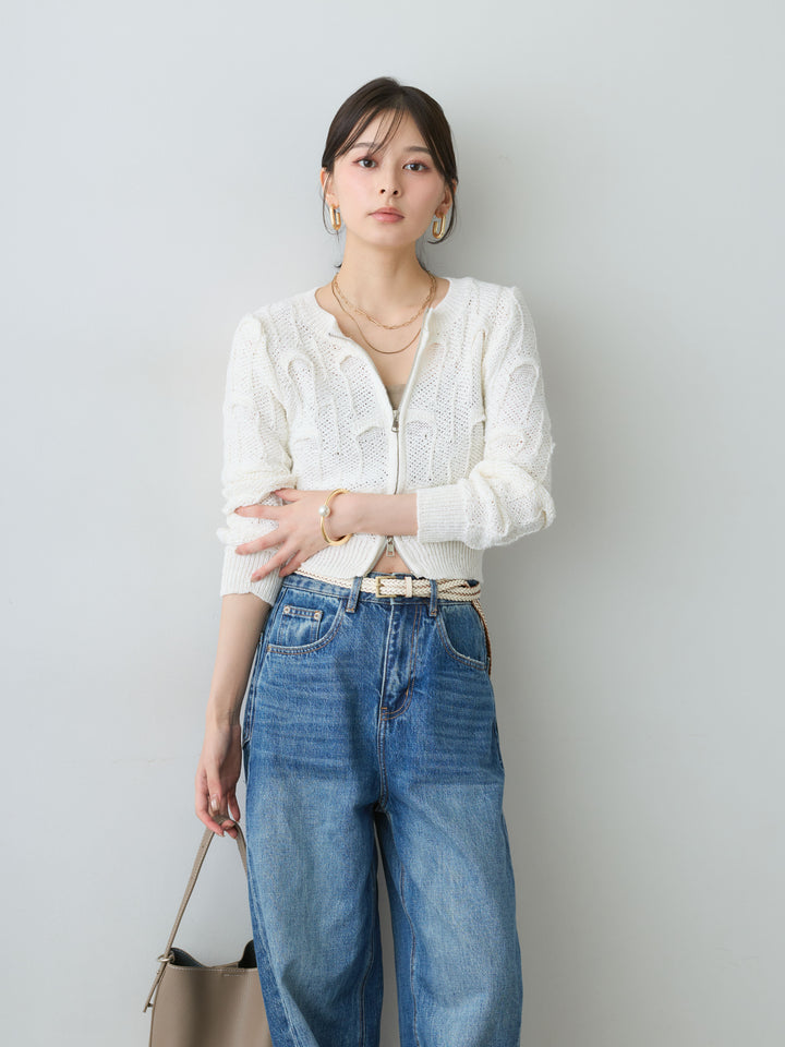 [SET]リングケーブルダブルジップショートニット+バックデザインカーブデニム(2set)