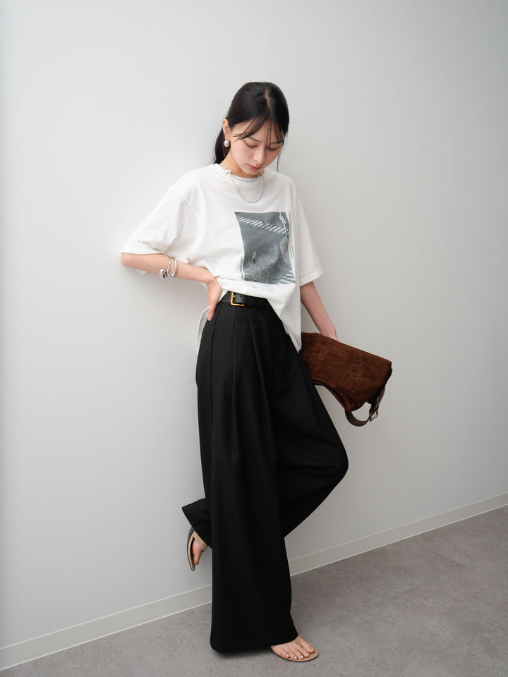 [SET]フォトプリントロゴTEE+アシンメトリーベルトタックワイドパンツ(2set)