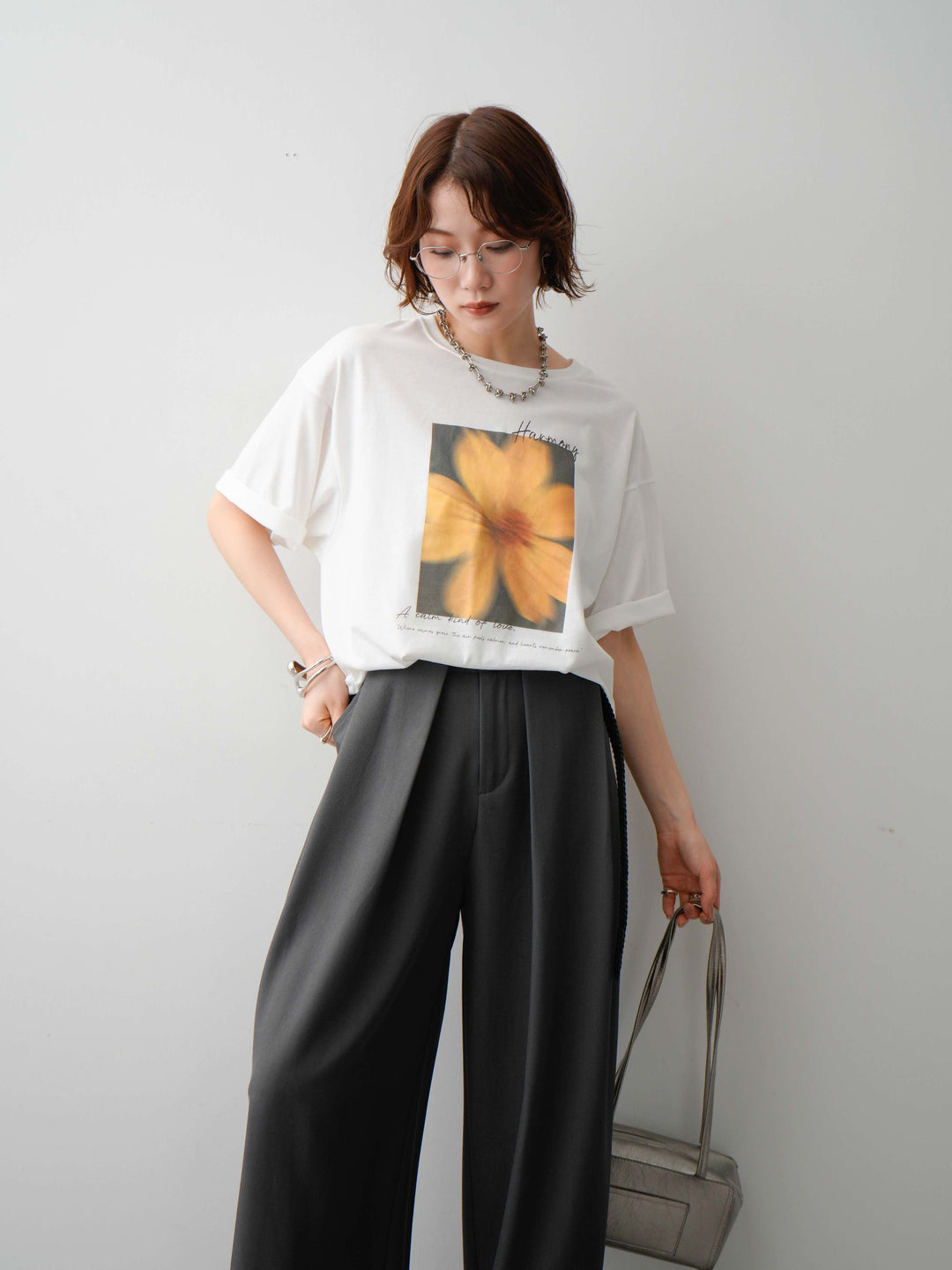 [SET]フラワーフォトTEE+ベルトループデザインワイドパンツ(2set)