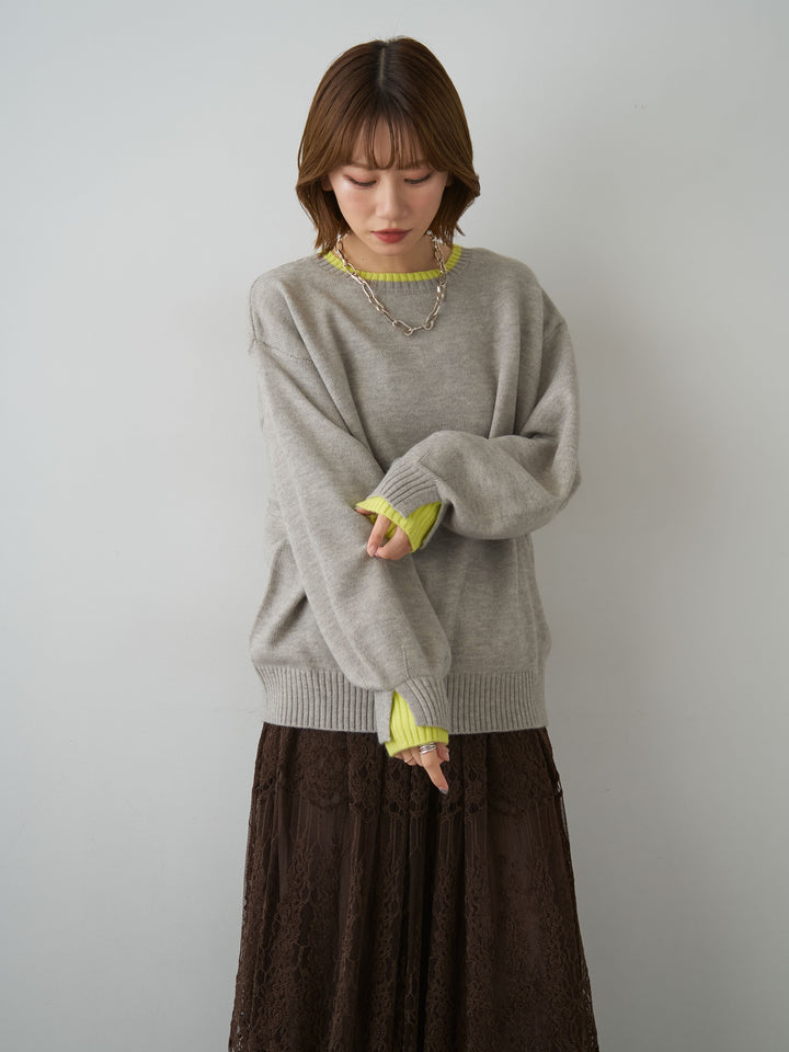 [予約]バイカラーカフスレイヤードニットプルオーバー/gray