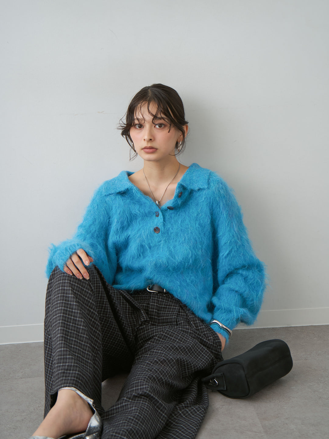 [SET]ヘンリーシャギーニットトップス+チェックタックワイドパンツ(2set)
