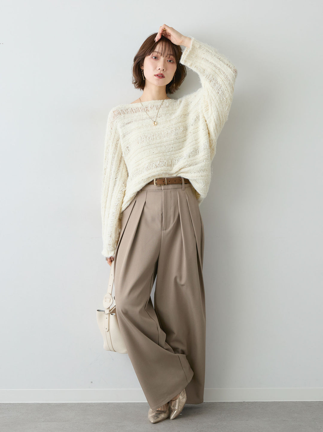 [SET]ミックス透かし編ワイドネックニットトップス+ツイルタックワイドパンツ(2set)