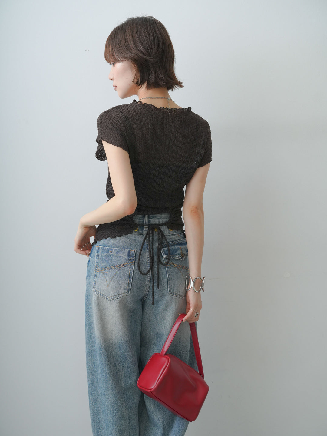 [SET]シャーリングシアーバックオープンフレンチトップス+シャーリングシアーバックオープンフレンチトップス(2set)