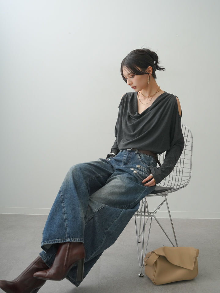 [予約]ショルダーオープンドレープネックカットソー/darkgray