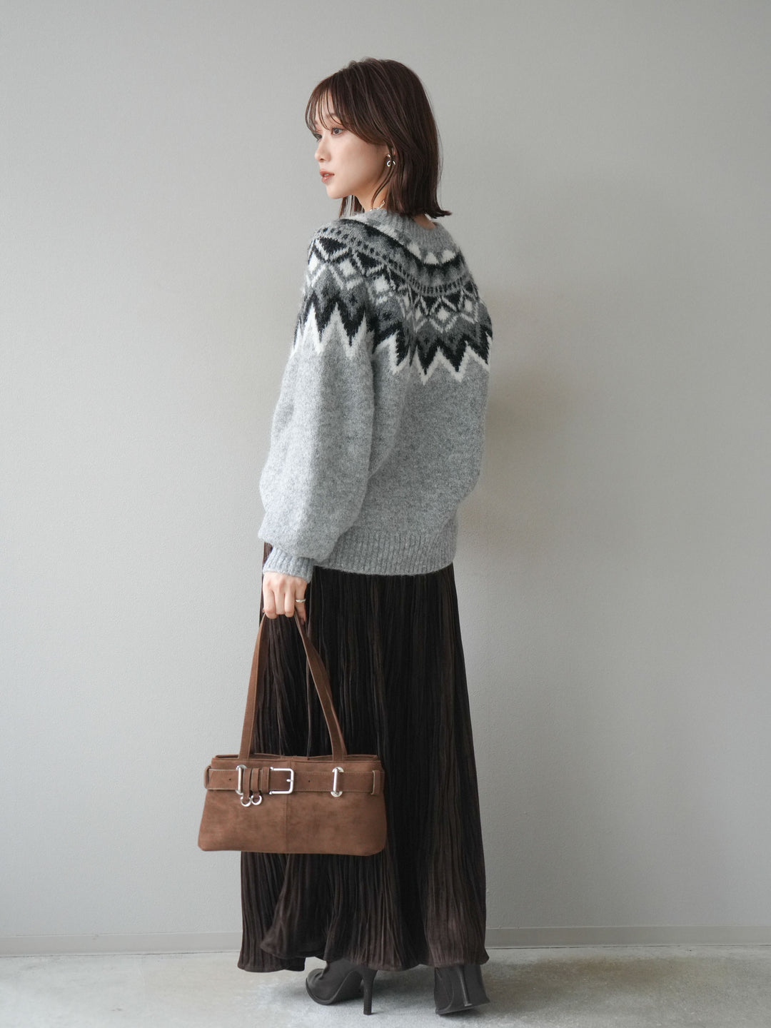 [SET]求心柄オーバーニットプルオーバー+スエードワッシャープリーツスカート(2set)