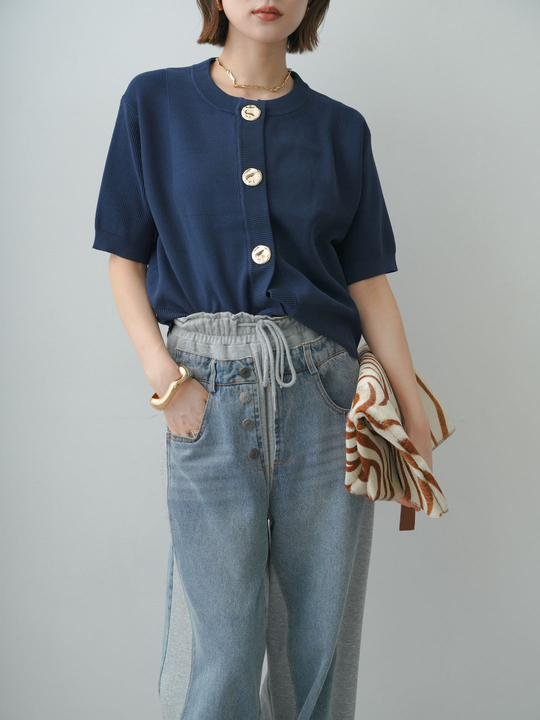 [予約]ゴールドボタンハーフニットカーディガン/navy