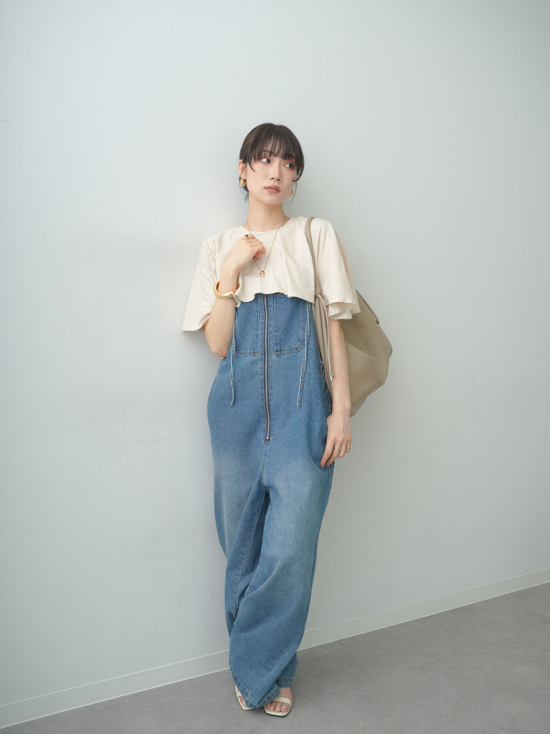 [SET]前後2wayケープTEE+フロントジップデニムサロペット(2set)