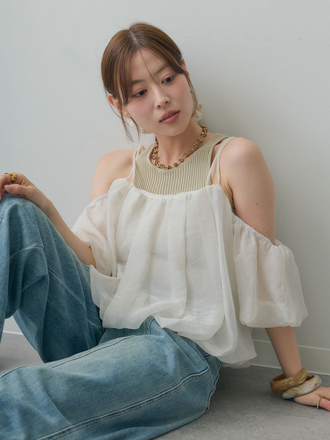 [SET]リブタンク付シアーバルーン半袖トップス+センターラインワイドストレートデニム(2set)