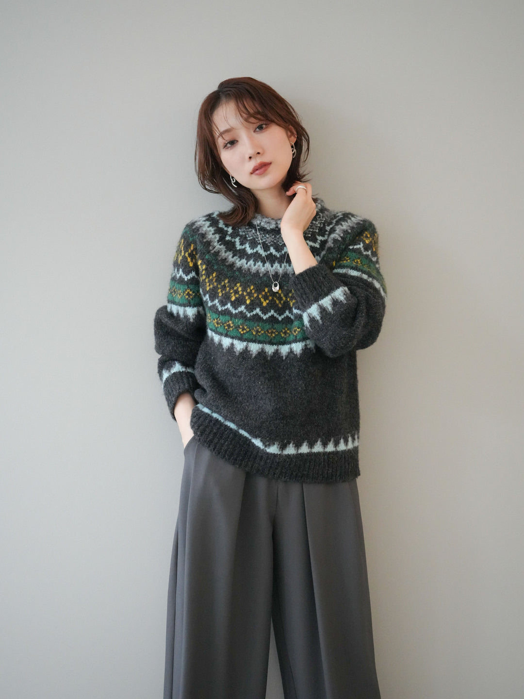 [予約]ウールタッチ求心柄オーバーニットプルオーバー/gray