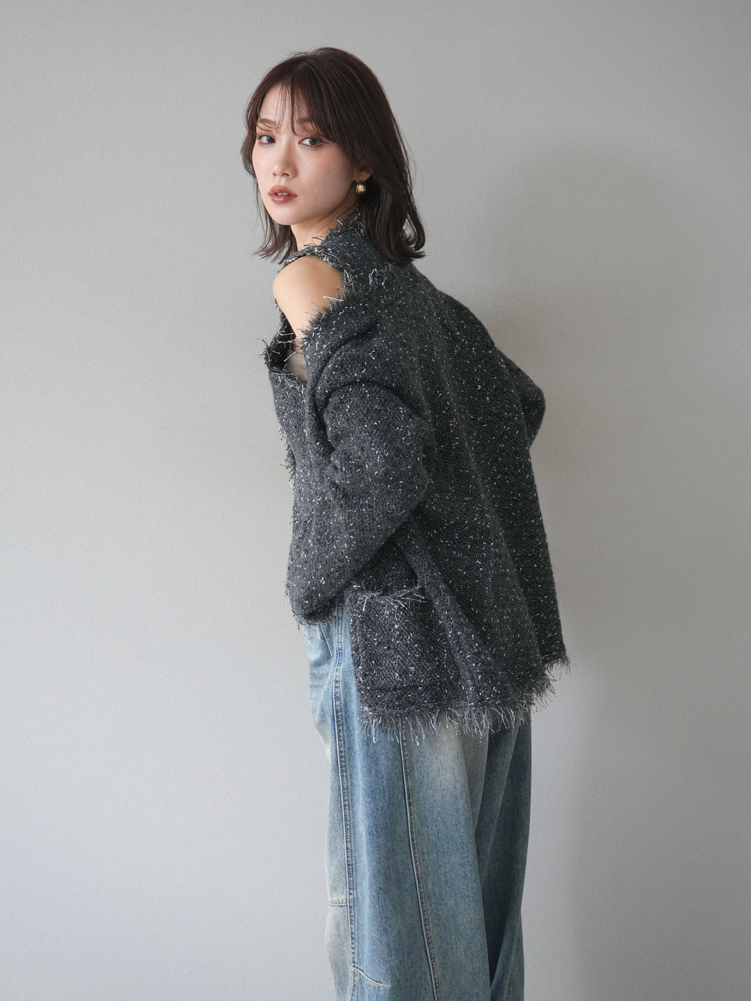 [予約]ネップフリンジニットカーディガン/ gray