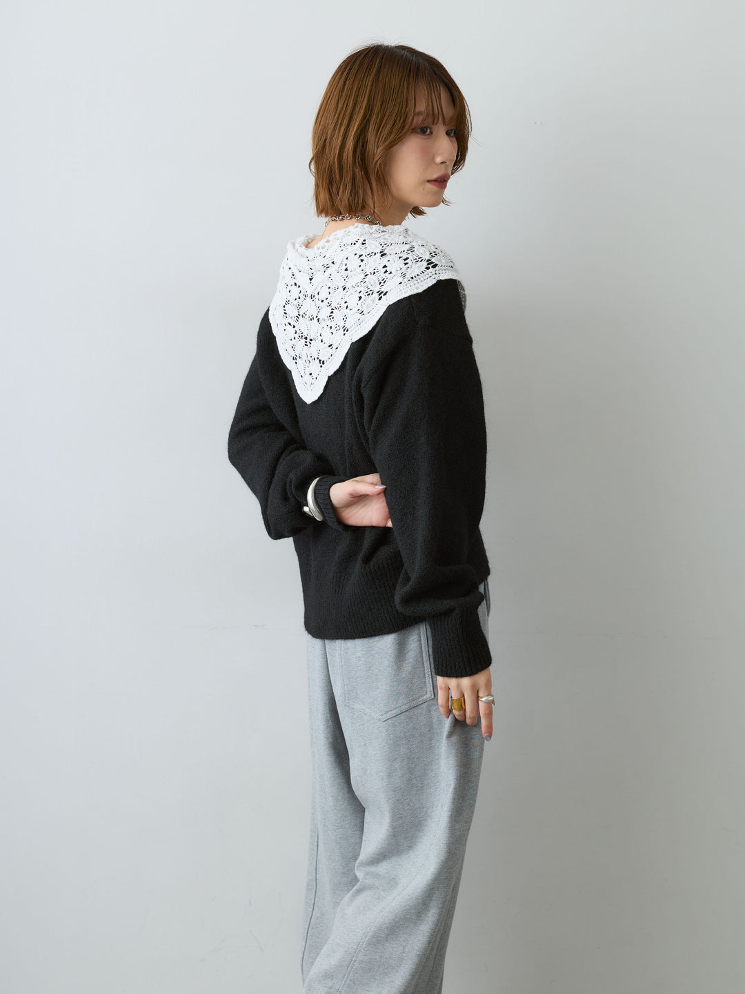[SET]モヘアレースショールカラーカーディガン+カットオフスウェットワイドパンツ(2set)