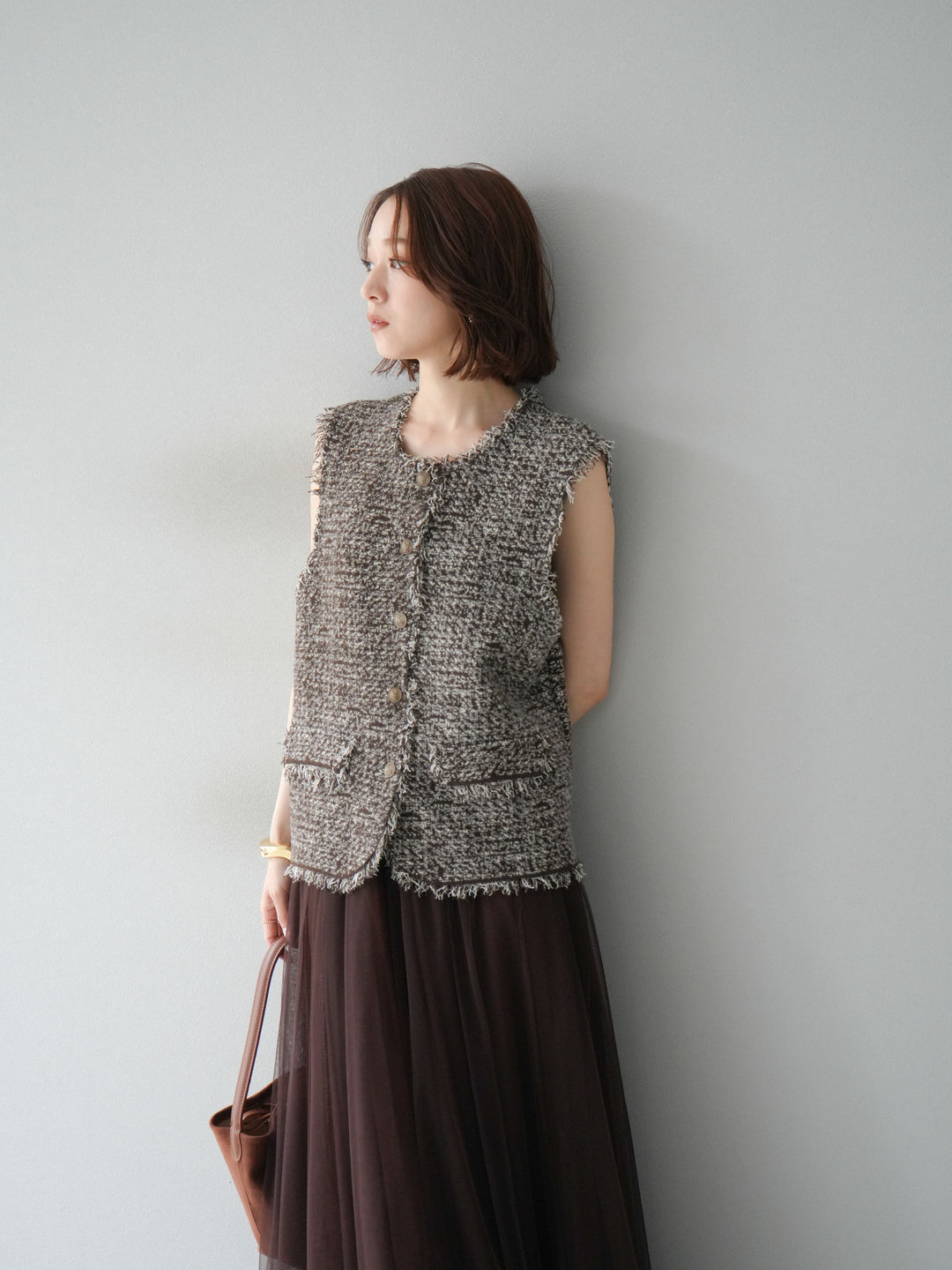 [予約]ミックスツイードフリンジニットベスト/ブラウン