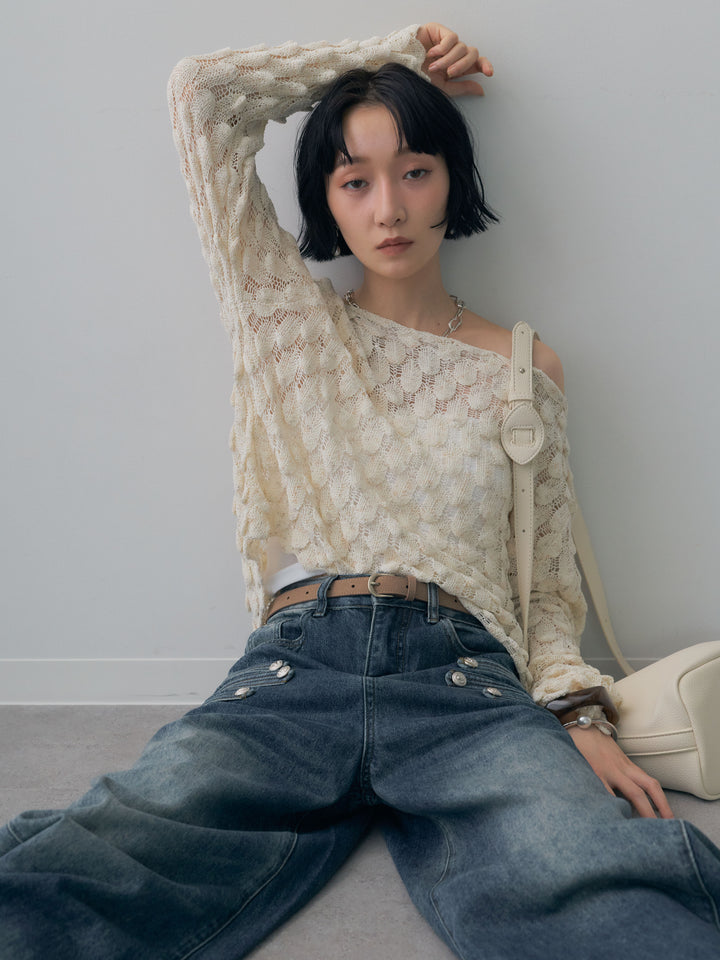 [SET]テクスチャードスカラップニットトップス+ナポレオンカーブデニム(2set)