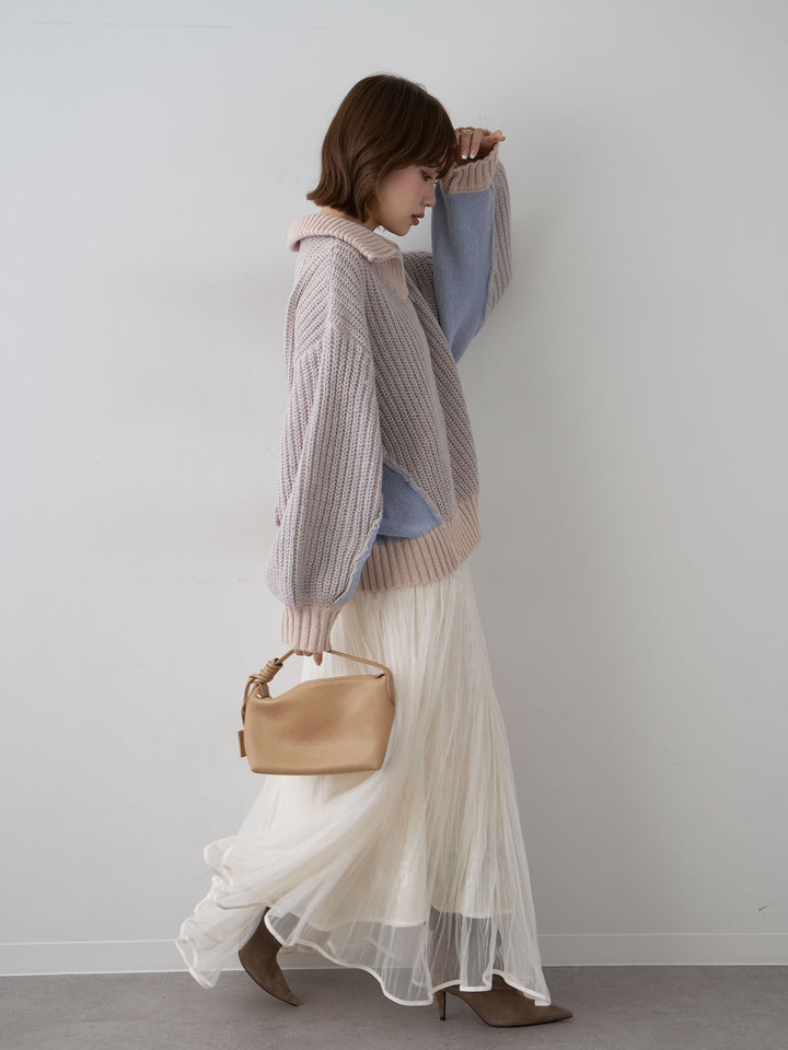 [SET]バイカラーハーフジップリブニットトップス+ベロアレイヤードチュールフレアスカート(2set)