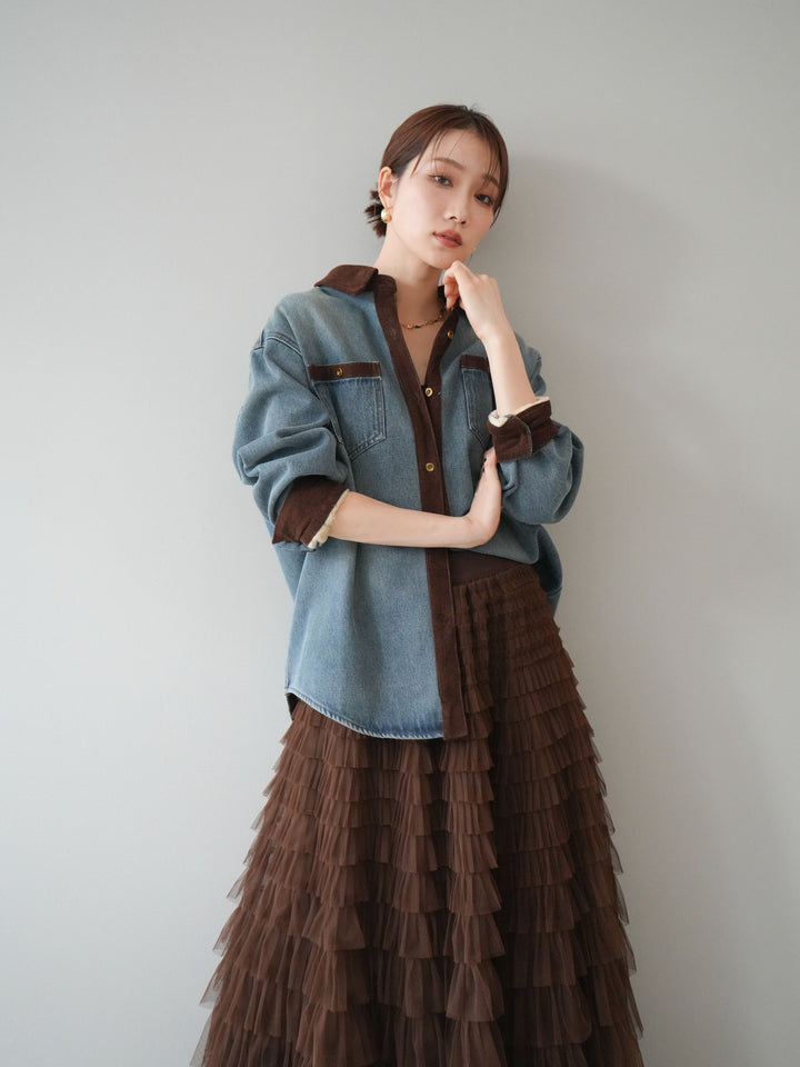 [予約]裏起毛コーデュロイ襟デニムシャツジャケット/ blue