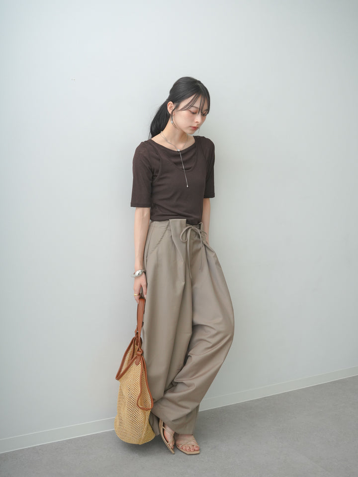 [SET]前後2wayシアーアシメレイヤード風TEE+ベルトループカーブタックワイドパンツ(2set)