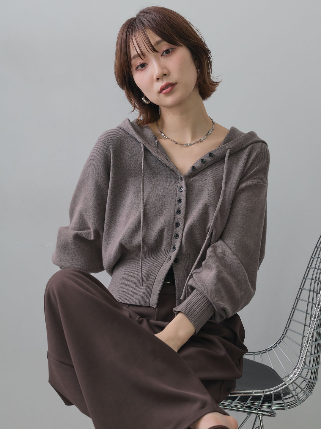 [SET]ボリュームスリーブフードニットカーディガン+ツイルタックワイドパンツ(2set)