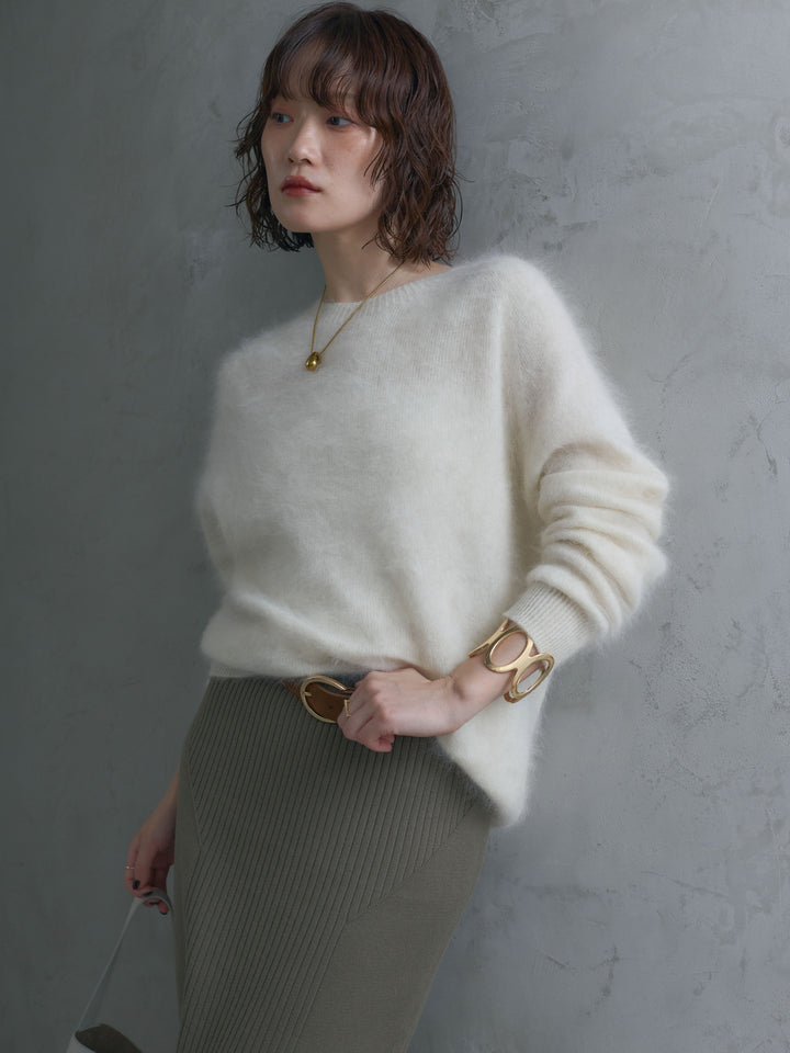 [予約]カシミア混クルーネックニットプルオーバー/white