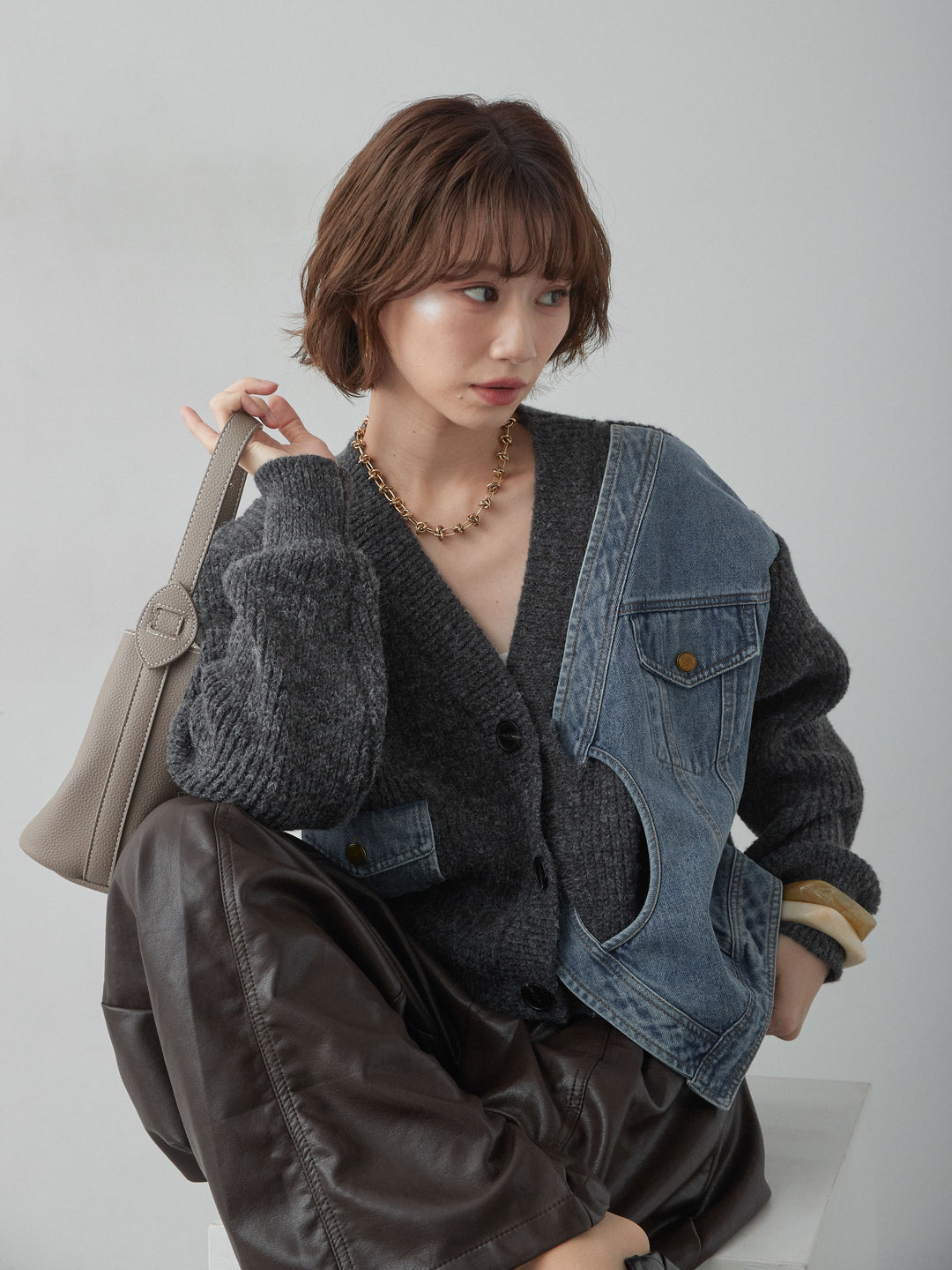 [SET]デニムコンビデザインニットカーディガン+フェイクレザーワイドパンツ(2set)