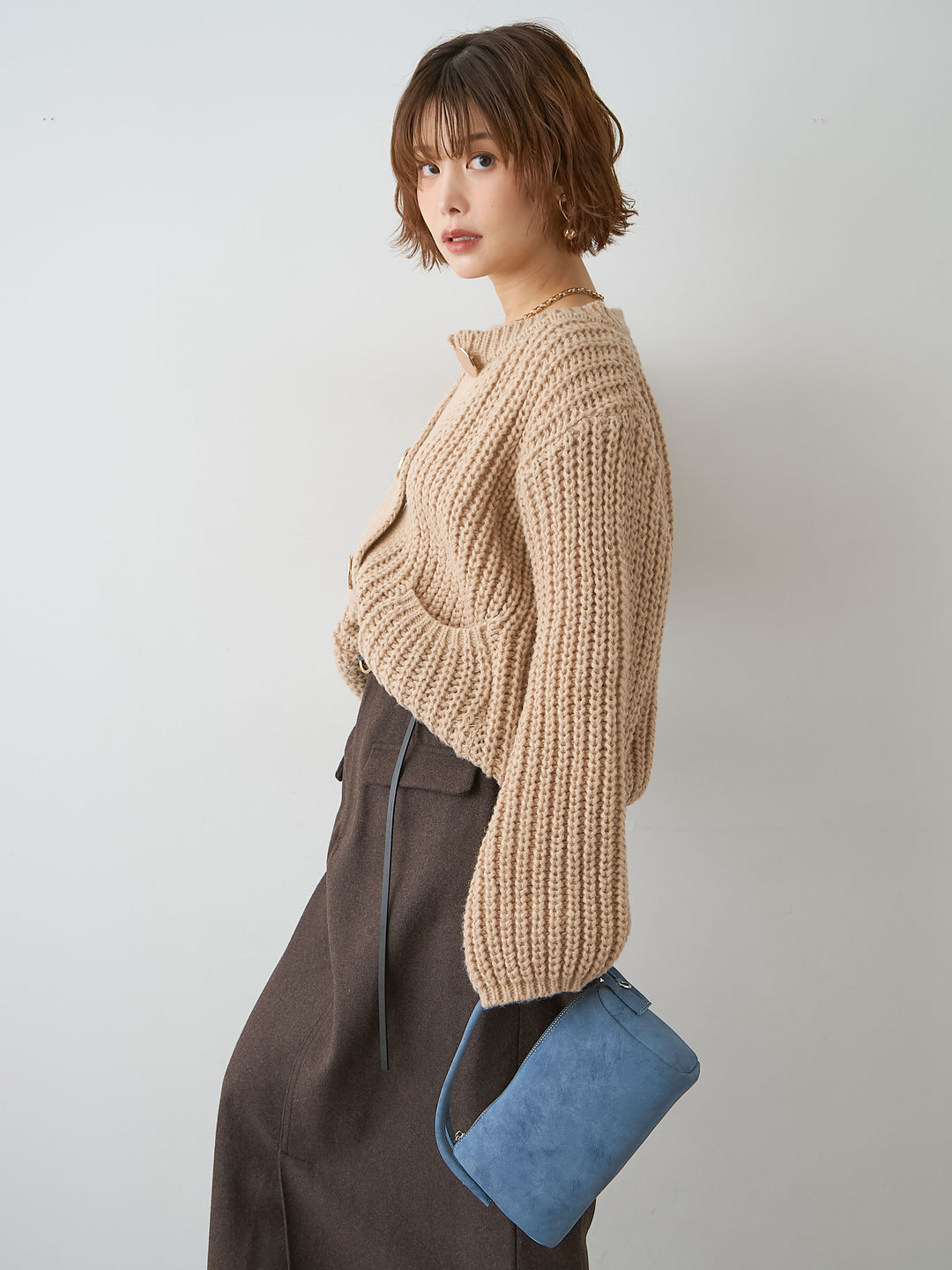 [予約]ビッグゴールドボタンリブニットカーディガン/beige