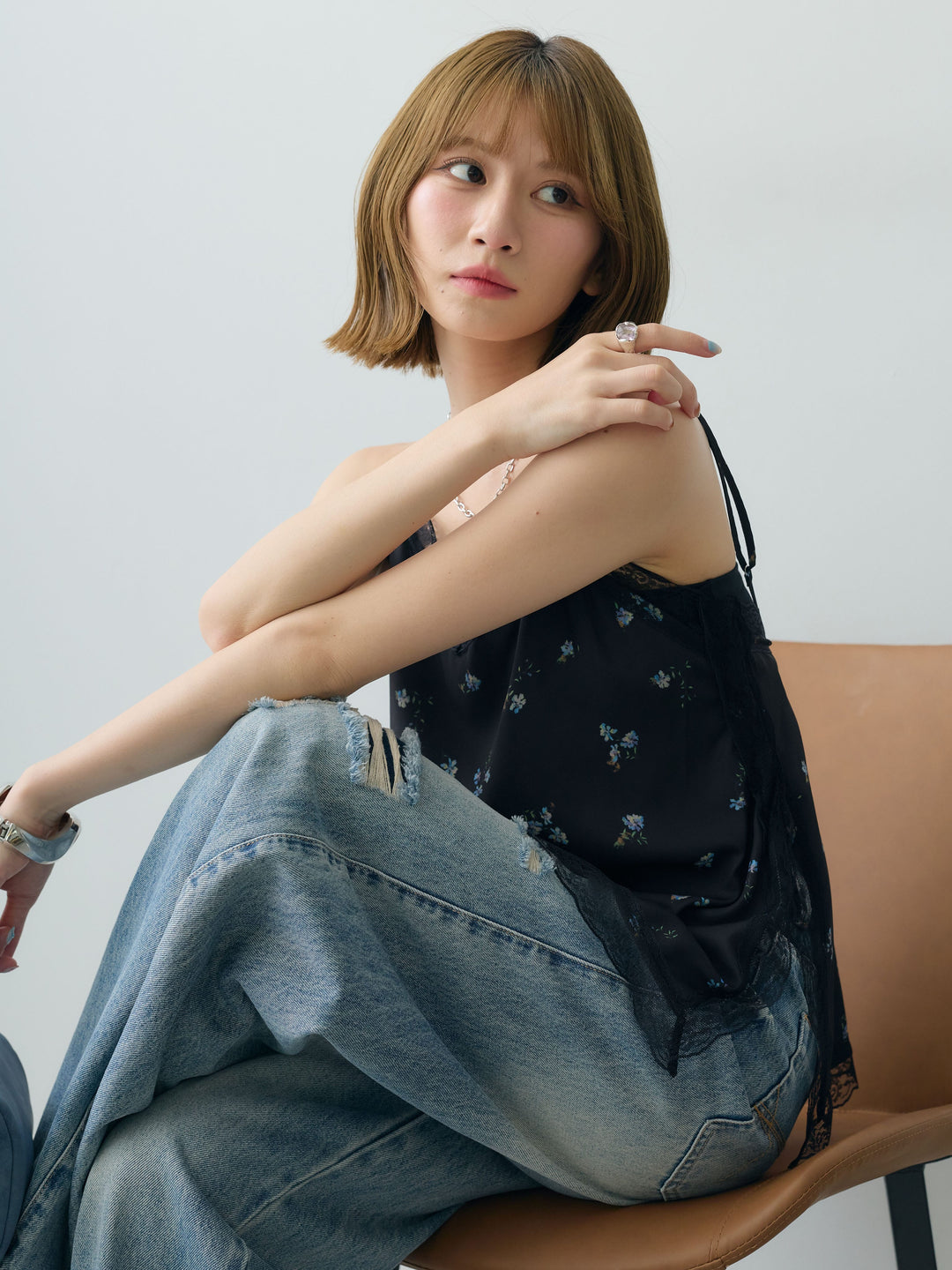 [SET]フラワープリントレーストリムキャミソール+選べるアクセセット(2set)
