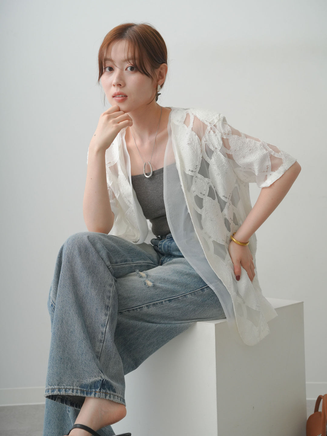 [SET]シアージャガードショルダーパッドハーフジャケット+カップ付テレコリブベアキャミソール(2set)