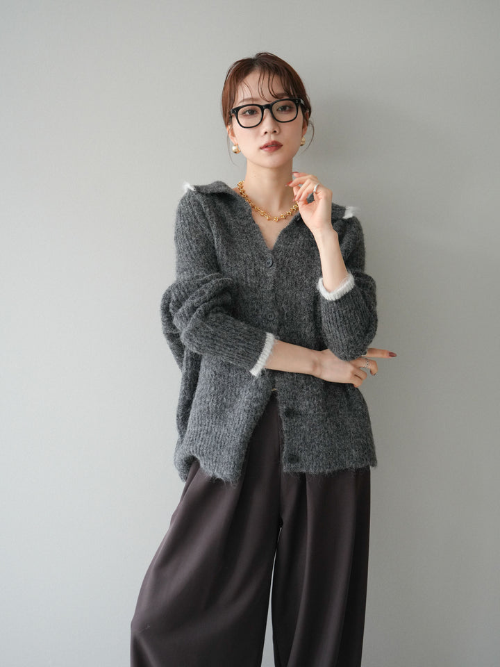 [予約]襟付きバイカラーミックスニットカーディガン/gray