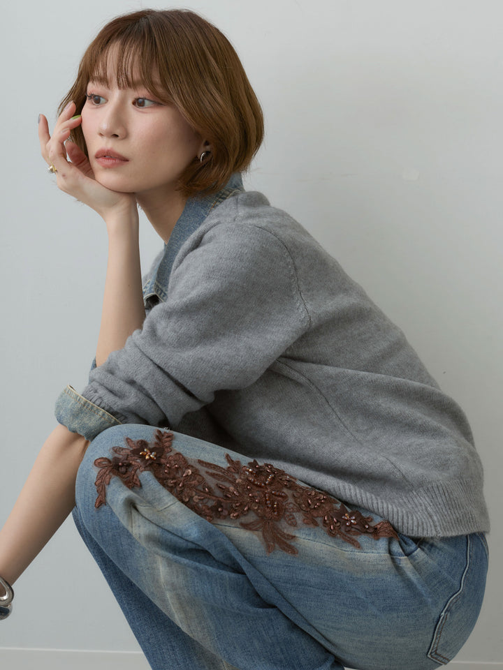 [SET]デニム襟ジップカーディガン+3Dフラワービジューダリーストレートデニム(2set)