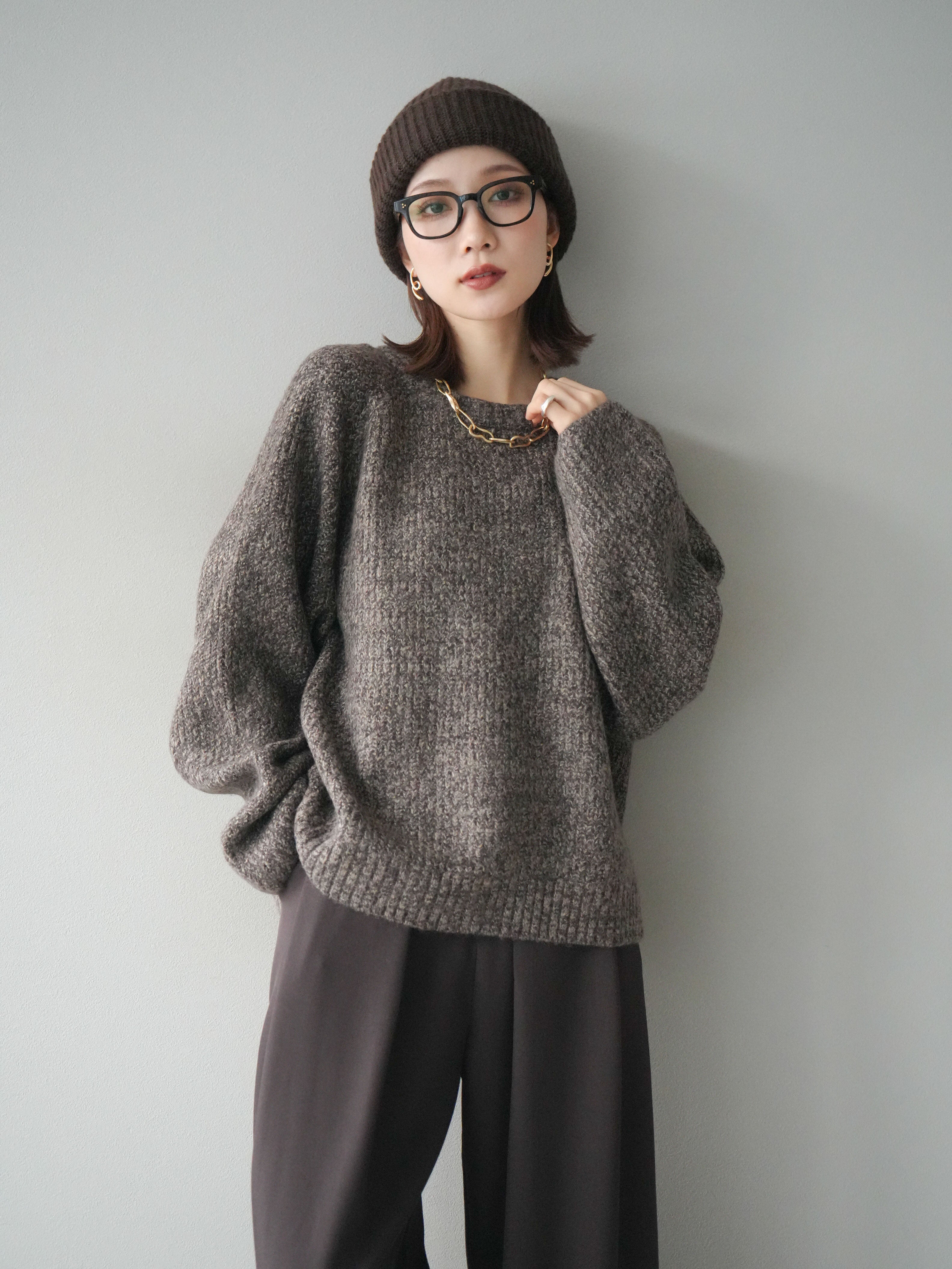 予約]クルーネック畦編みミックスニット/brown – Lumier