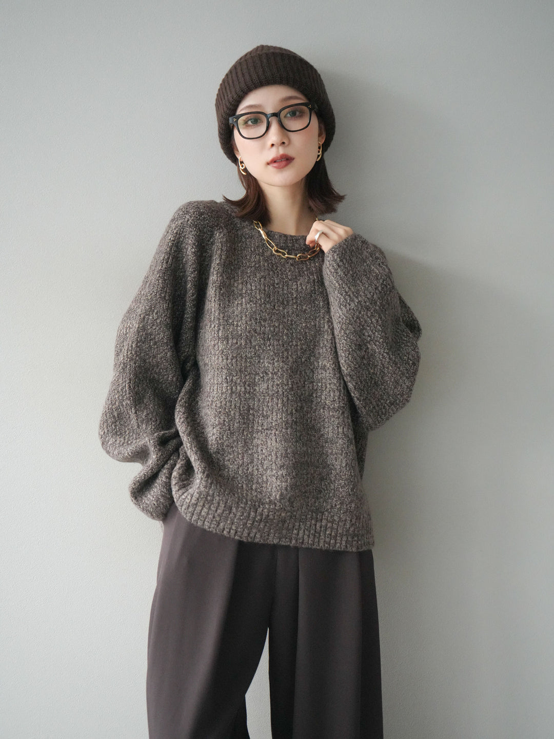 [予約]クルーネック畦編みミックスニット/brown