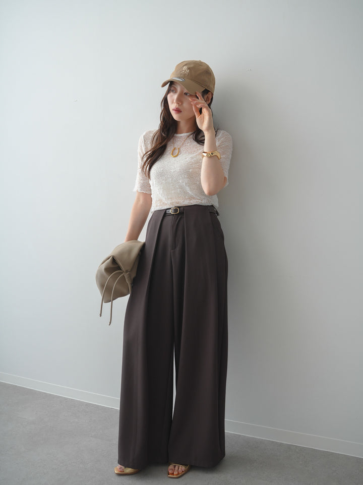 [SET]フラワーモチーフレーストップス+ベルトループデザインワイドパンツ(2set)