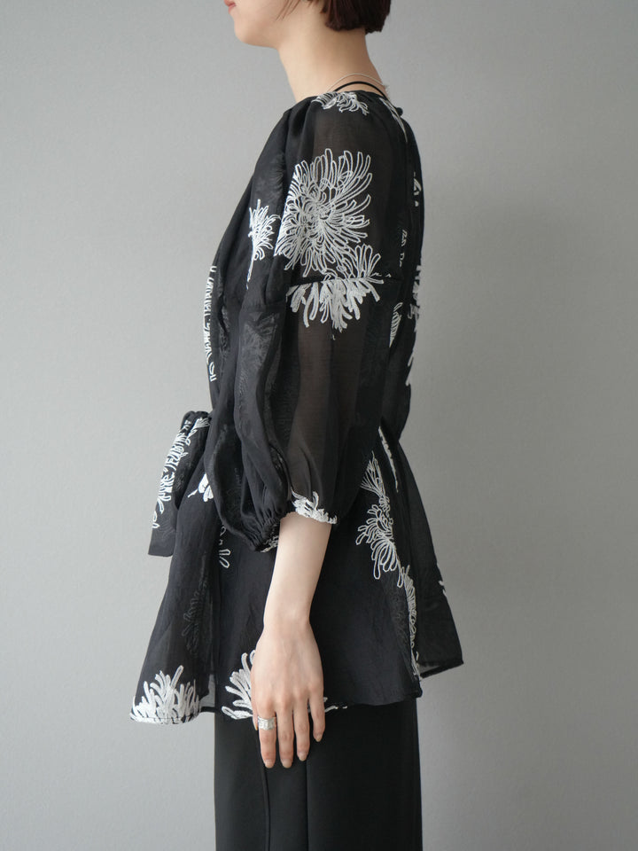 [予約]刺繍シアーバルーンスリーブブラウス/ブラック