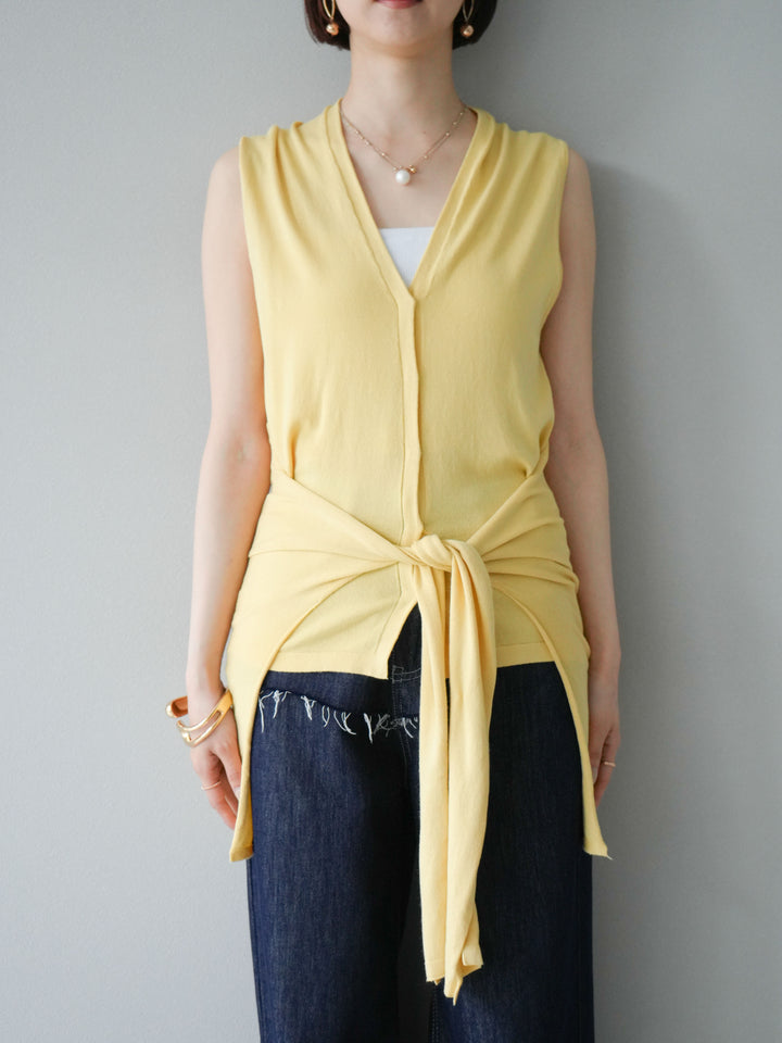 【預購】無袖圍腰針織開襟衫/黃色