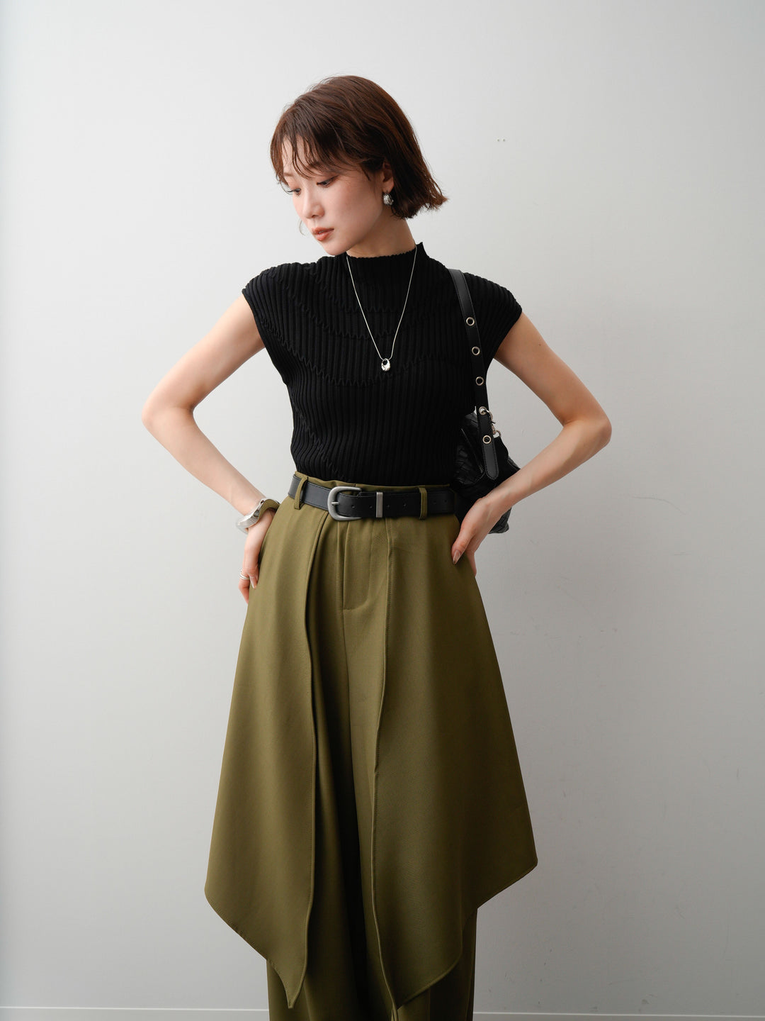 [予約]モードラインリブフレンチニットトップス/black