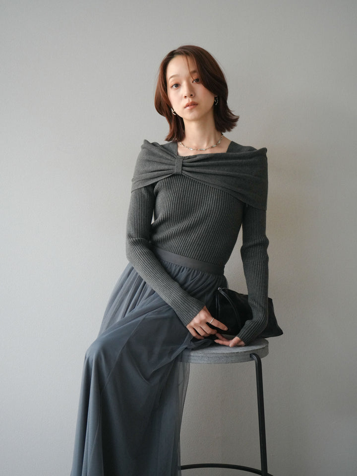 [予約]リボンモチーフオフショルリブニットトップス/gray