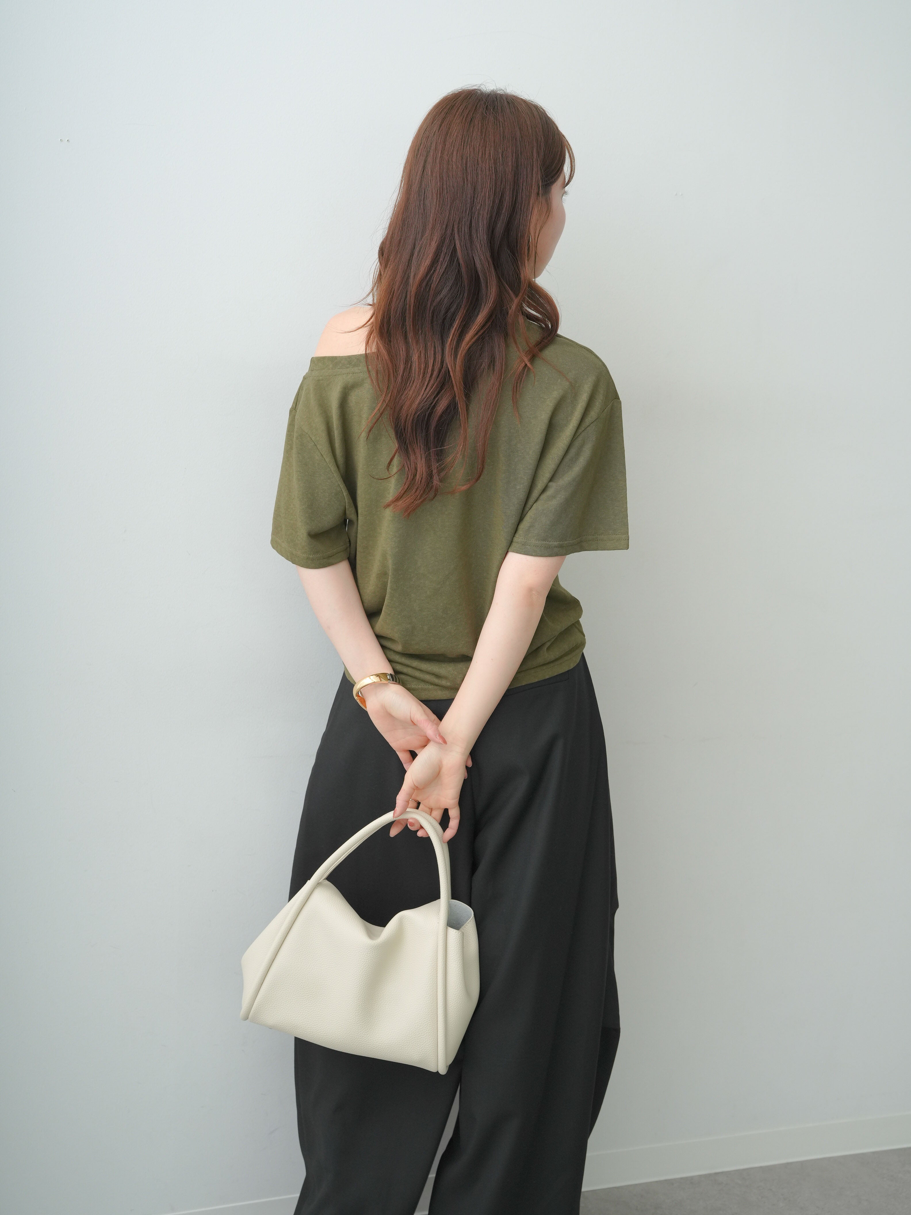 SET]ワイドネックプリントTEE+ベルトループカーブタックワイドパンツ