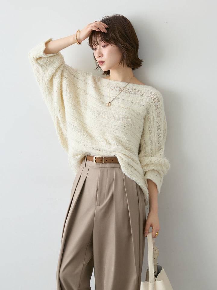 [予約]ミックス透かし編ワイドネックニットトップス/ivory