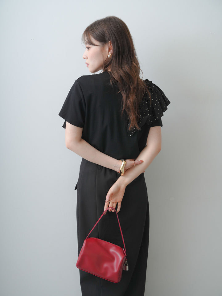 [SET]ドットギャザーフリルデザインTEE+クレープデシンフラップ付きストレートスカート(2set)