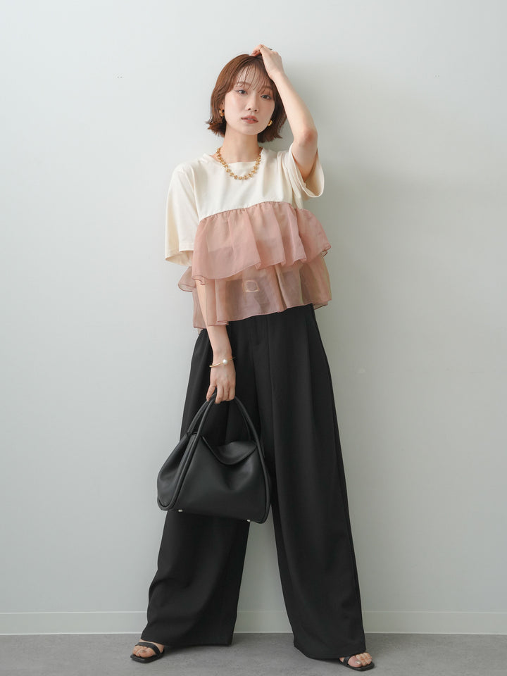 [SET]オーガンジーフリルドッキングTEE+ベルトループデザインワイドパンツ(2set)