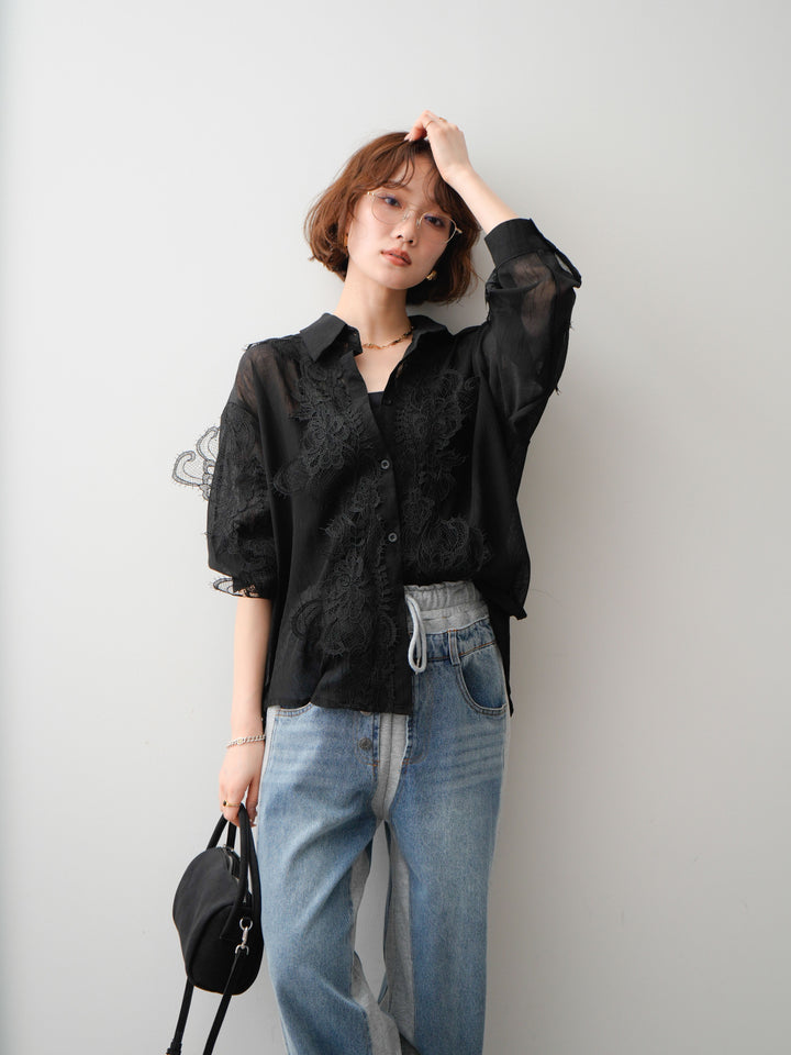 [SET]レースデザインドレープオーバーシャツ+デニム切替スウェットパンツ(2set)