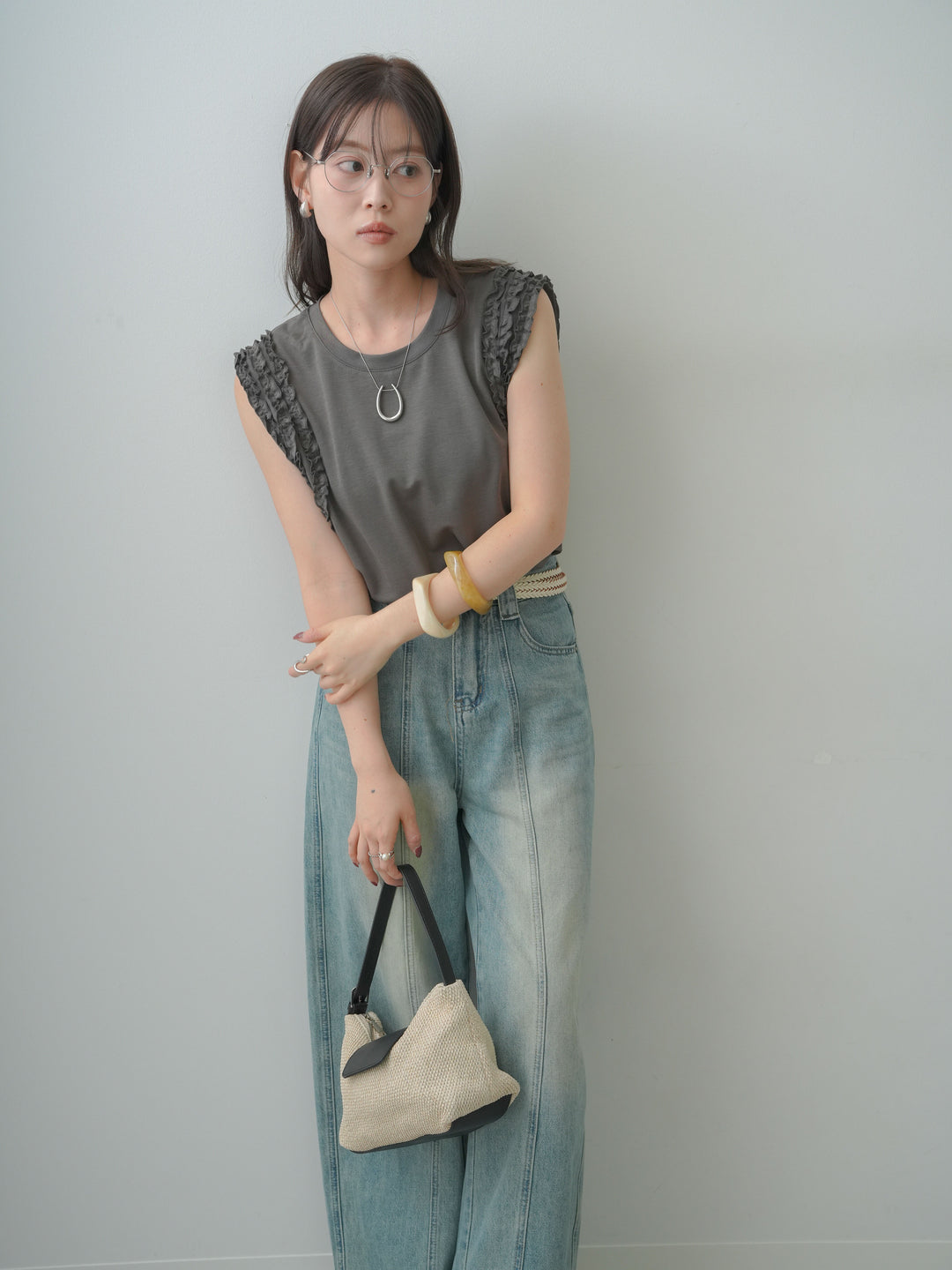 [SET]ホイップフリルフレンチTEE+センターラインワイドストレートデニム(2set)