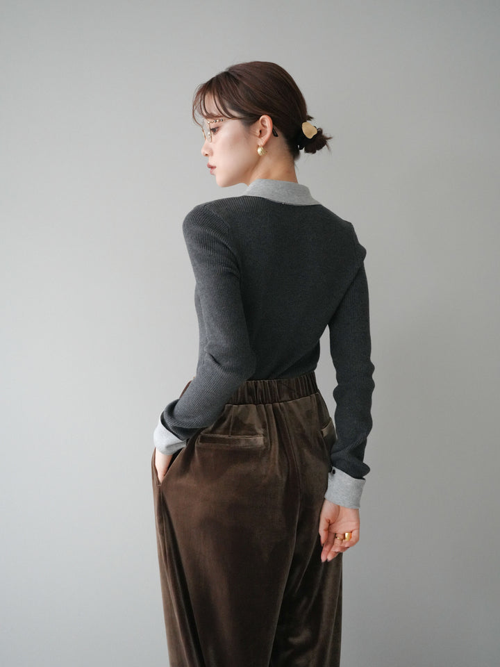 [予約]ニットカフス襟付き配色リブニットトップス/charcoal