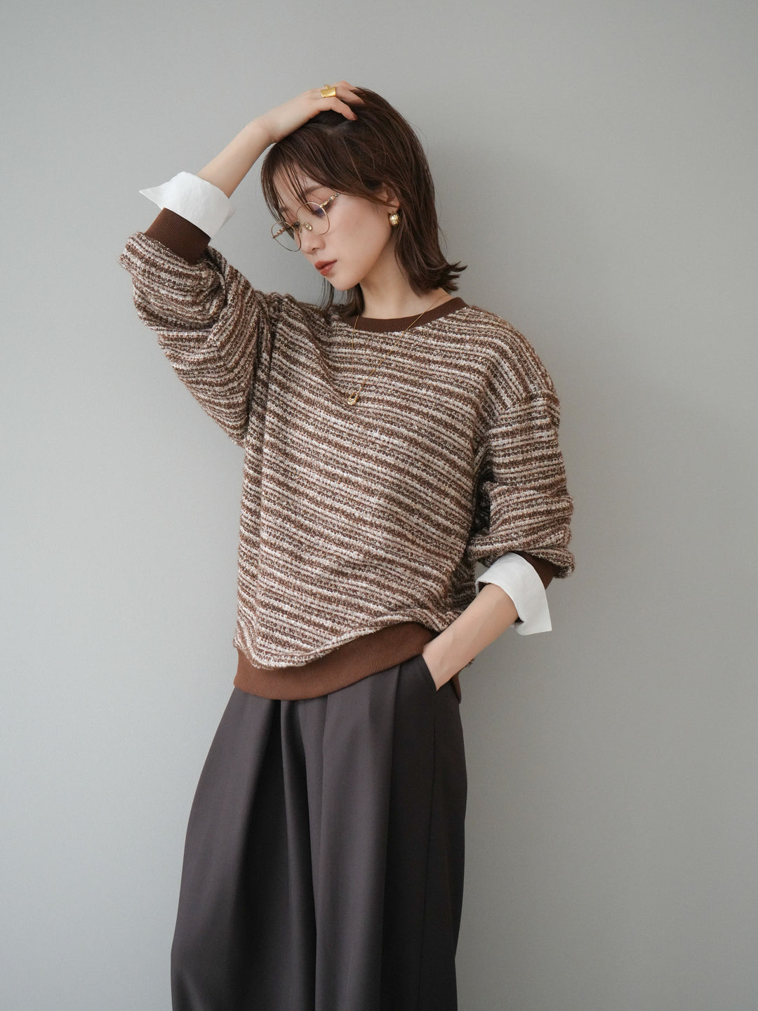 [予約]MIXツイードライクカフスドッキングプルオーバー/brown