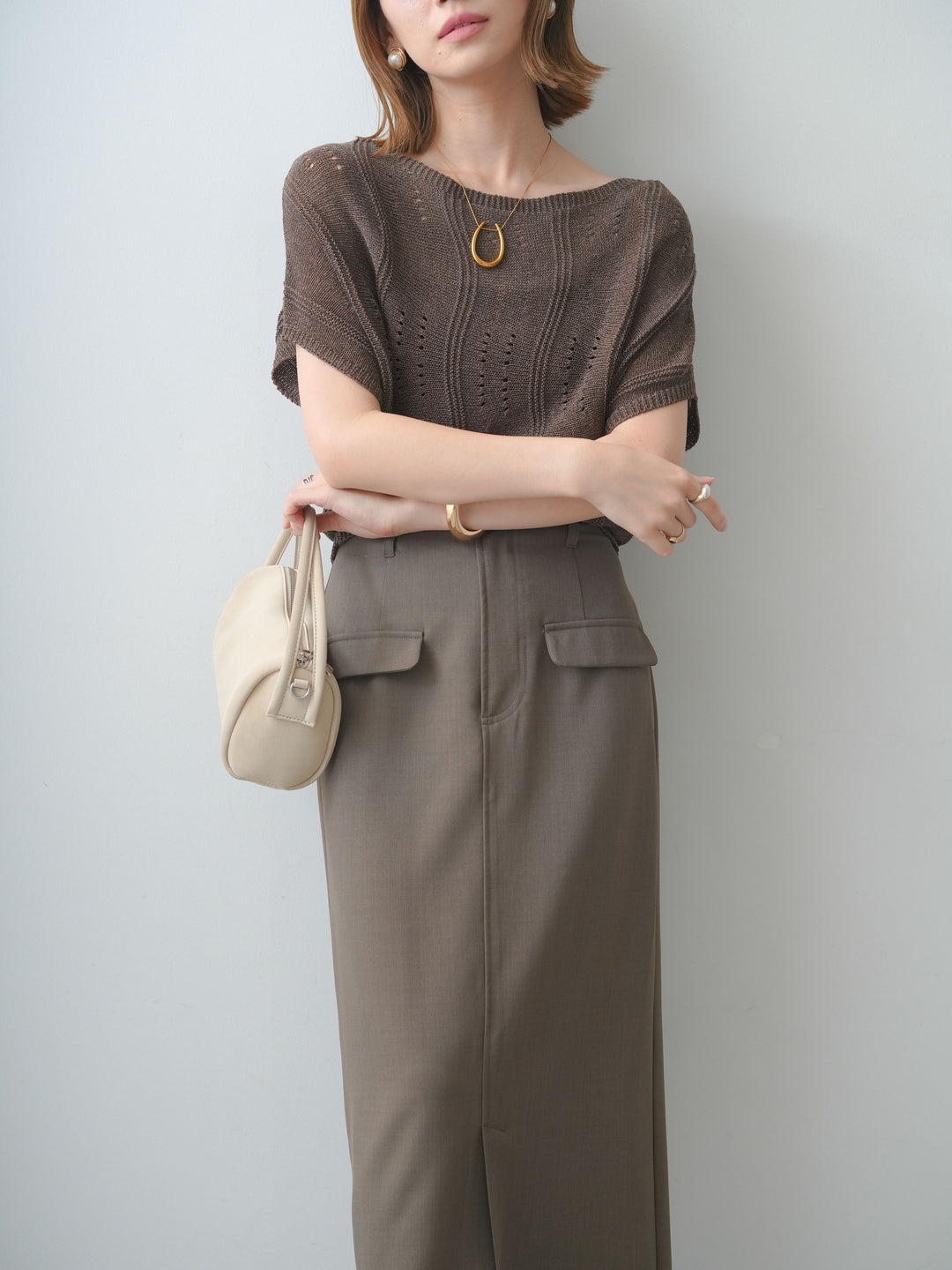 [SET]アイレットサマーニットトップス+クレープデシンフラップ付きストレートスカート(2set)