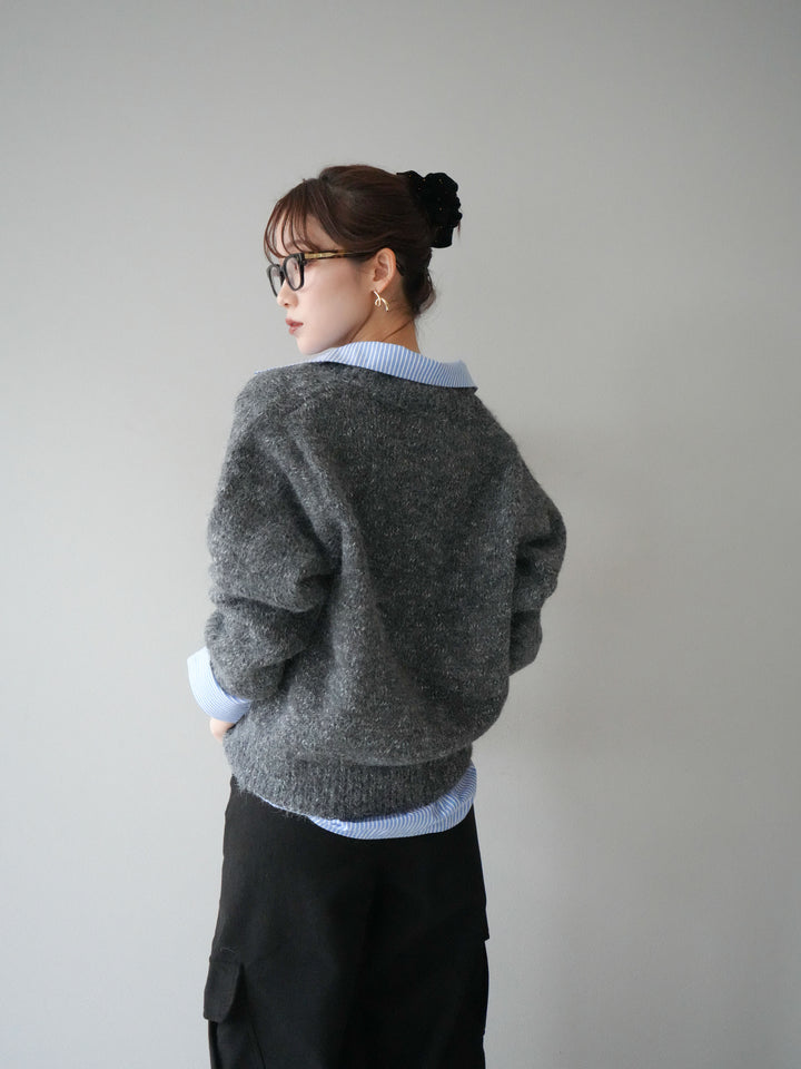 [予約]ストライプシャツドッキングMIXヤーンニットプルオーバー/charcoal